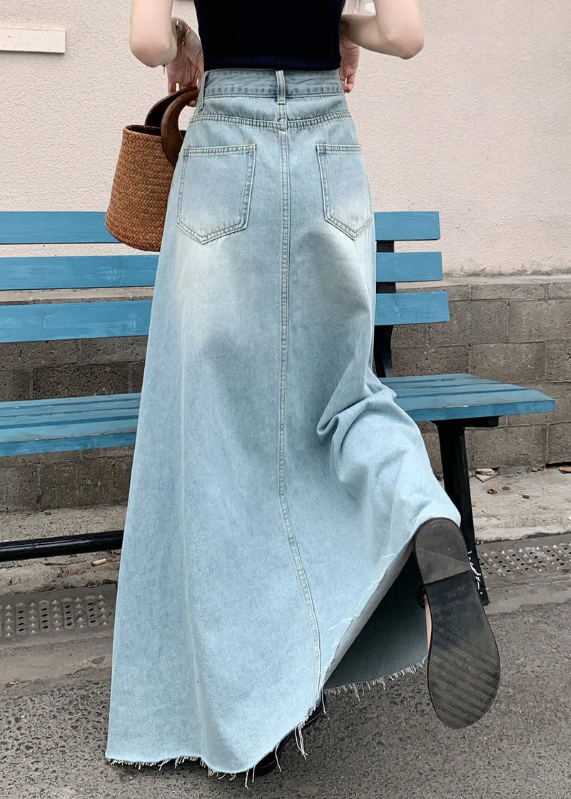 French Blue Pockets High Waist Denim Maxi Skirt Fall