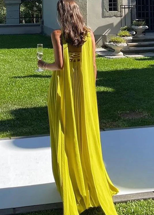 Fluorescent Green Strapless Ribbon Long Dress Sleeveless