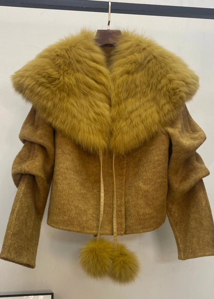 Caramel Coats and Fox Collar Cape Woolen Two Pieces Set Spring