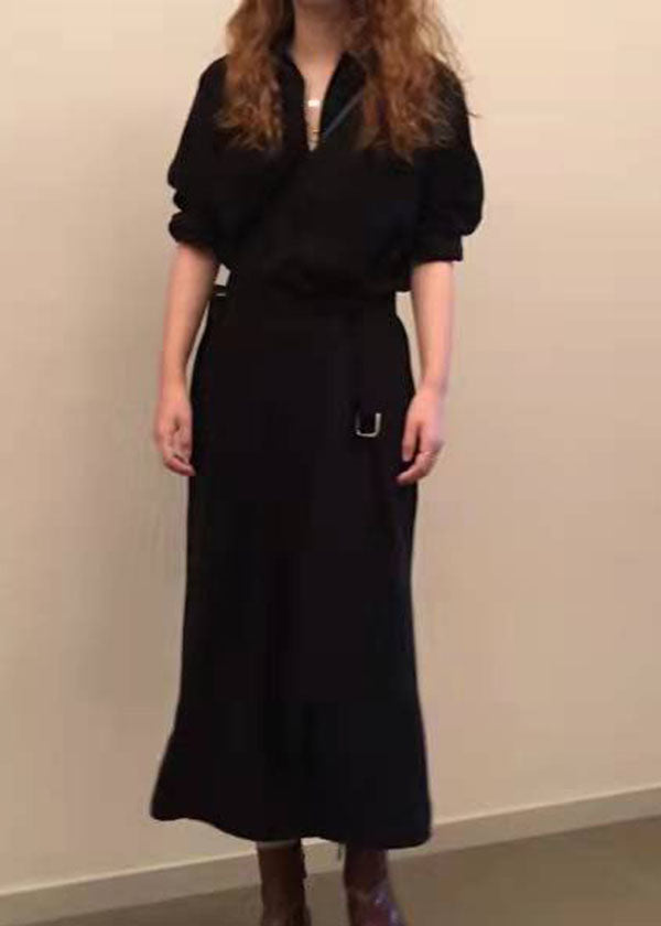 French Black Cinched Side Open Cotton Dresses Half Sleeve