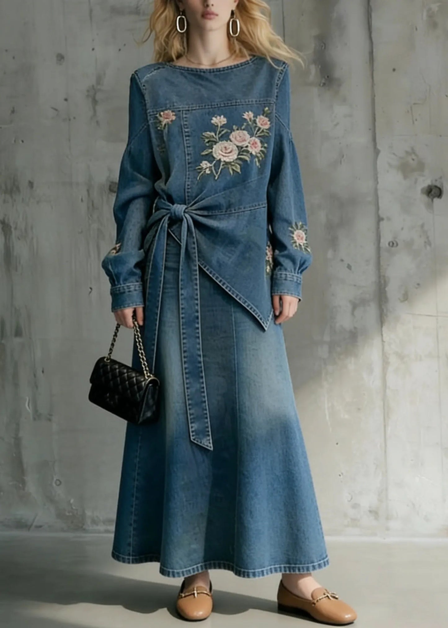 Style Blue Embroidered Top and Skirts Denim Two Pieces Set Spring