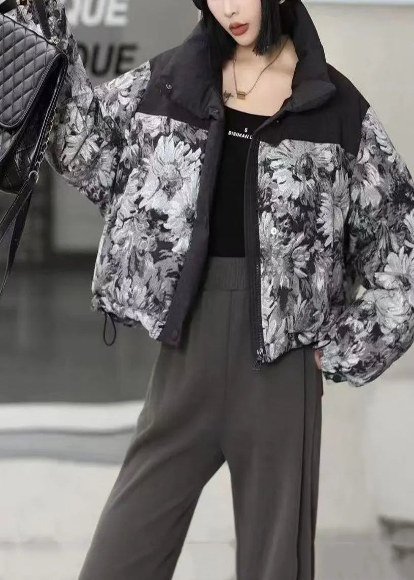 Black Oversized Print Duck Down Puffer Jacket Winter