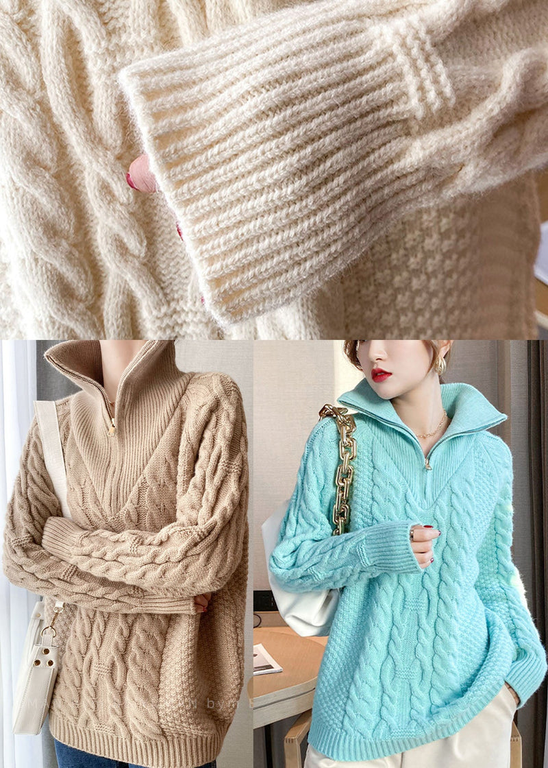 Natural Blue Zip Up Cozy Knitted Tops Spring