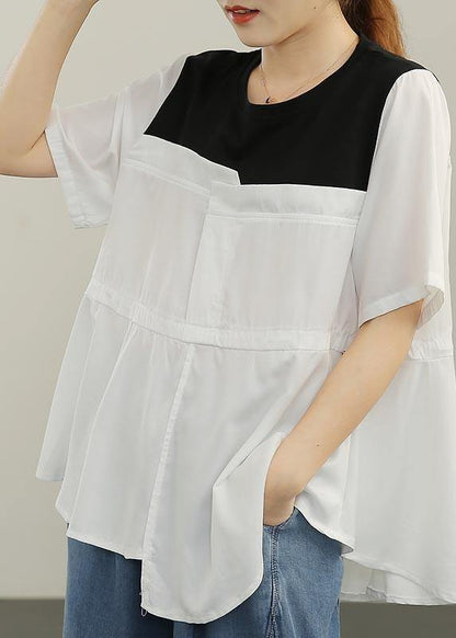 French White Patchwork O-neck Blouses Summer