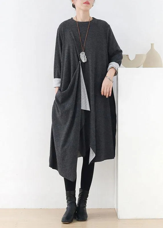 French Grey O-neck Patchwork Fall Dress Long Sleeve