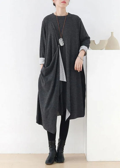 French Grey O-neck Patchwork Fall Dress Long Sleeve