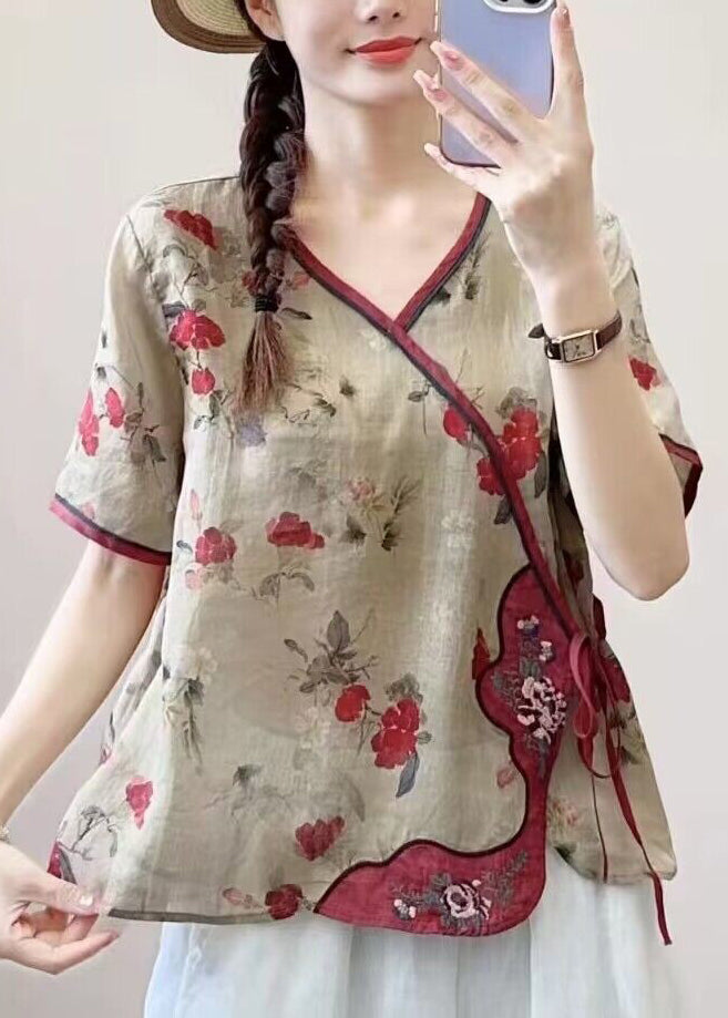 Khaki V Neck Print Lace Up Patchwork Linen Top Summer