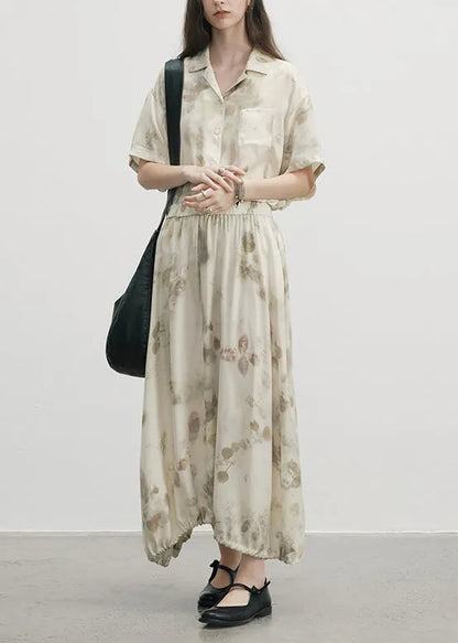 Unique Beige Print Drawstring Tops and Skirts Cotton Two Pieces Set Summer