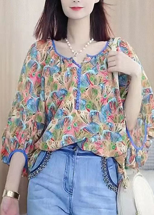 Colorblock V Neck Print Chiffon Shirt Tops Summer