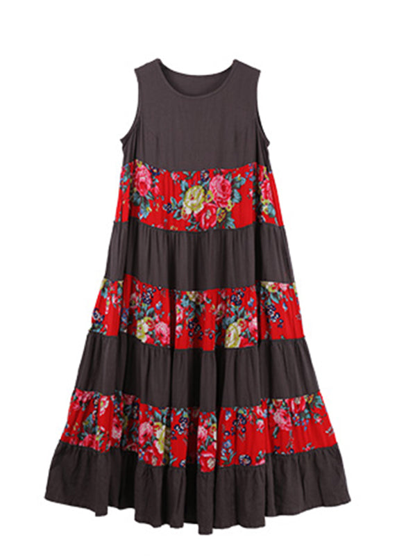 Grey O-neck Print Patchwork Vacation Dress Sleeveless