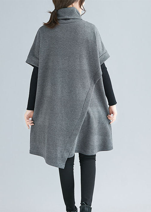 Grey Turtle Neck Asymmetrical Design Dresses Short Sleeve