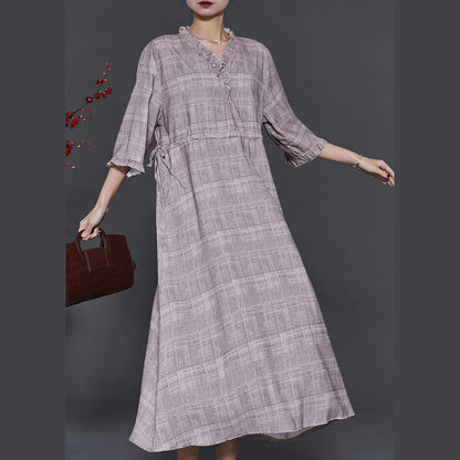 Art Grey Ruffled Drawstring Cotton Long Dress Summer