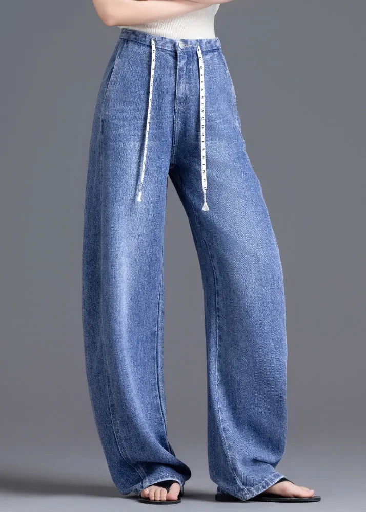 Diy Blue High Waist Drawstring Denim Pants Spring