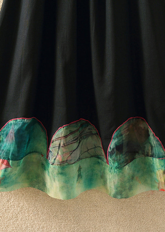 Black Print Patchwork Elastic Waist Skirt Summer