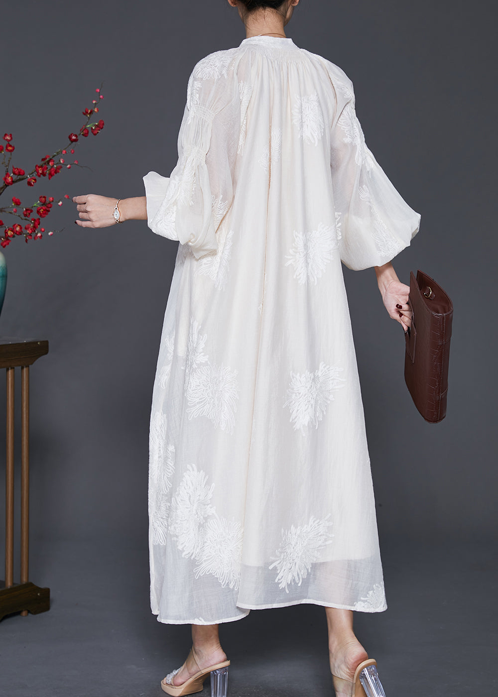 White Embroidered Silk Maxi Dress Lantern Sleeve