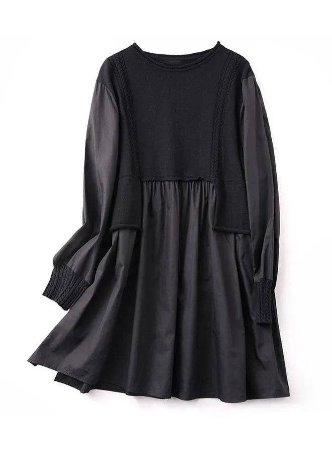 Black Asymmetrical Knit Patchwork Cotton Dresses