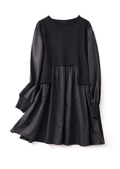 Black Asymmetrical Knit Patchwork Cotton Dresses
