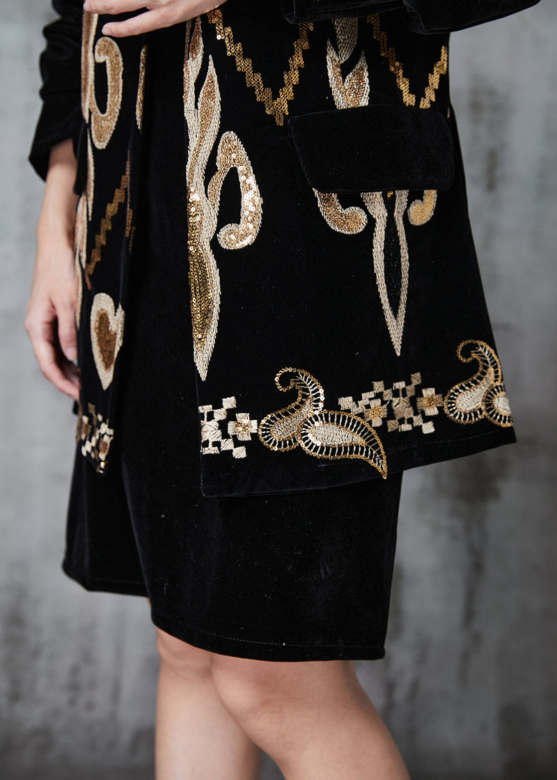 French Black Sequins Silk Velour Two Pieces Set Spring