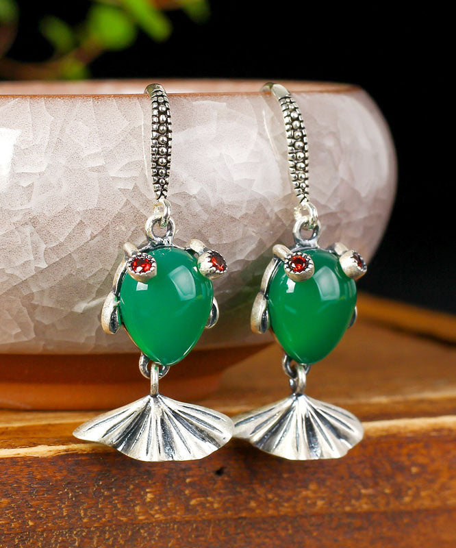 Green Sterling Silver Inlaid Gem Stone Chalcedony Goldfish Drop Earrings