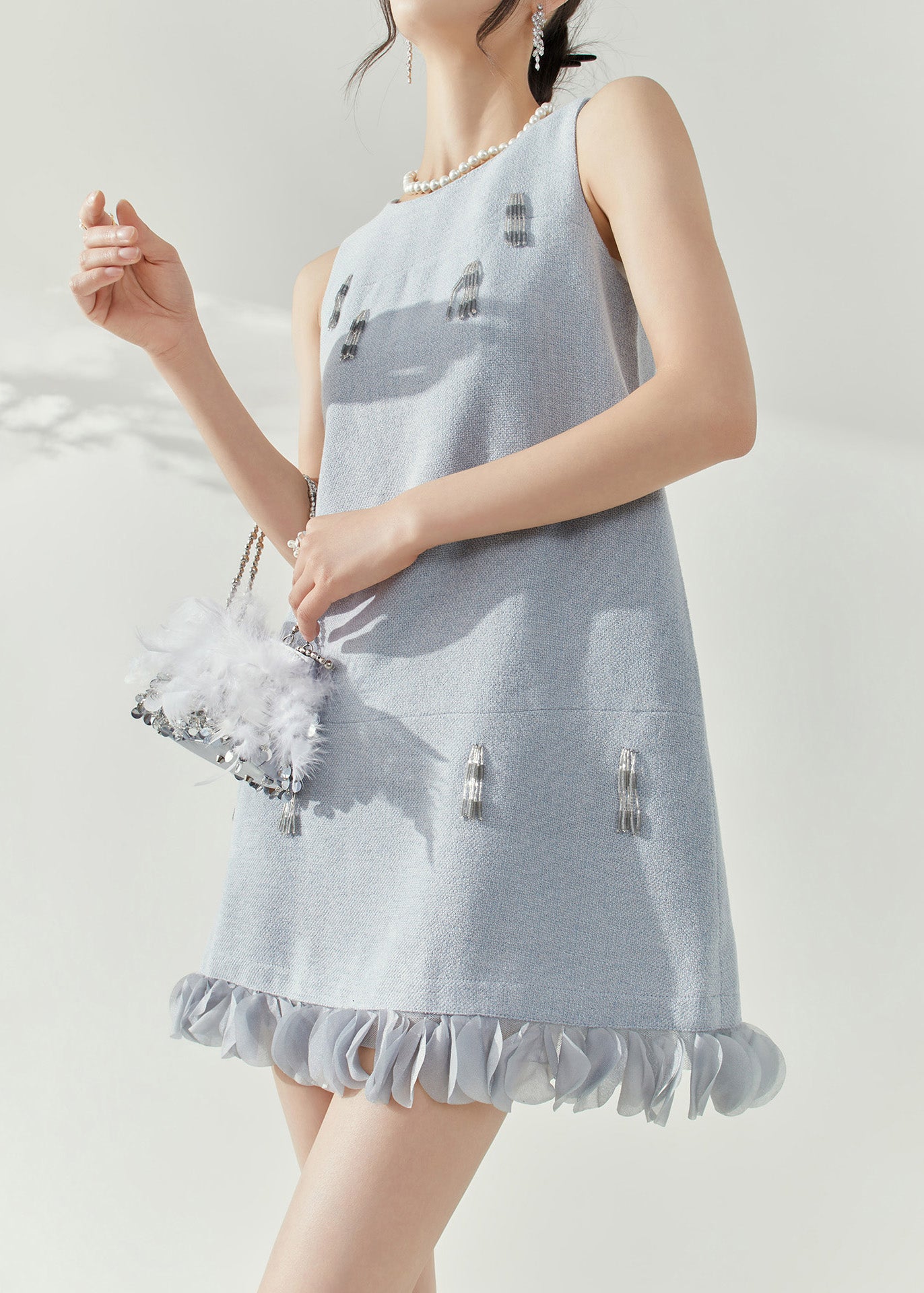 Blue O-neck Patchwork Nail Bead Mid Dresses Sleeveless