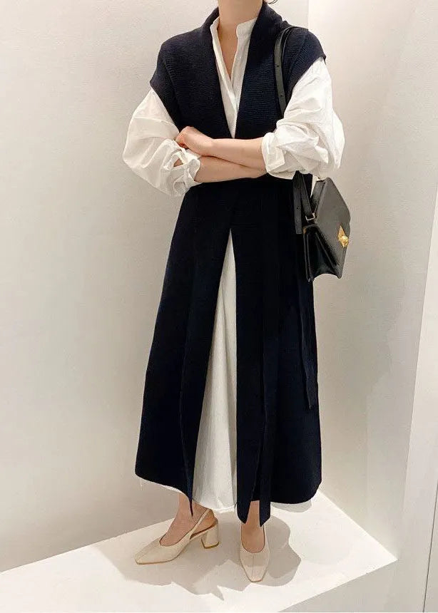 Classy Navy Oversized Original Design Knit Vest and Shirt Two Piece Set Outfits Spring