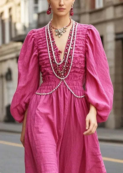Silm Fit Rose Nail Bead Wrinkled Cotton Long Dress Fall