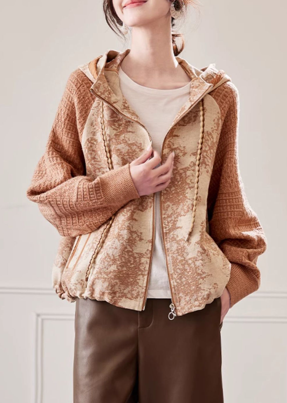 Caramel Hooded Drawstring Knit Patchwork Coat Fall