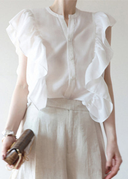 Black Ruffled Button Silk Vest Sleeveless