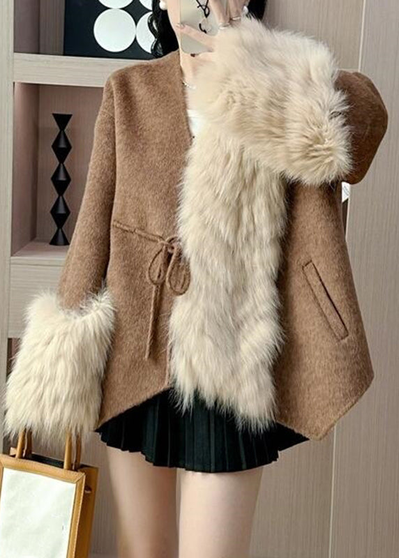 Caramel Fox Collar Patchwork Tie Waist Woolen Coats Fall