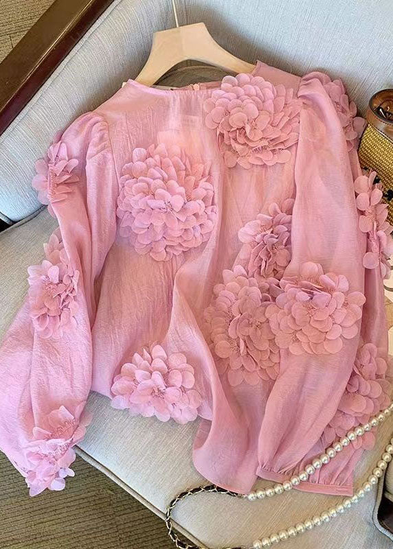 Unique Pink O Neck Decorated Chiffon Shirt Tops Spring