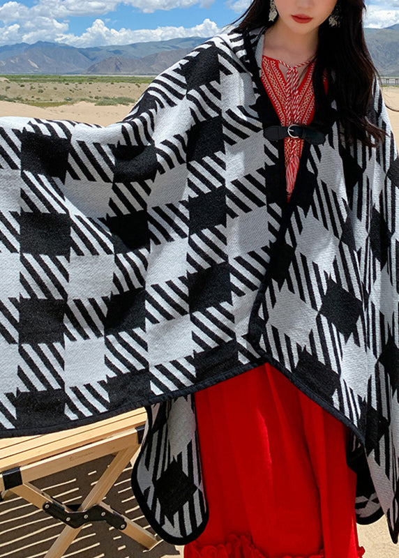 Black White Plaid V Neck Cashmere Cardigan Long Sleeve