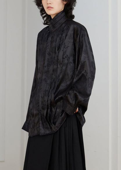 Chinese Style Black Stand Collar Button Silk Blouse Fall