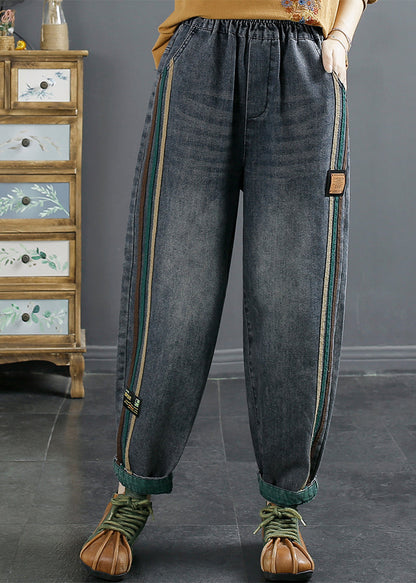 Blue Pockets Patchwork Denim Pants Fall
