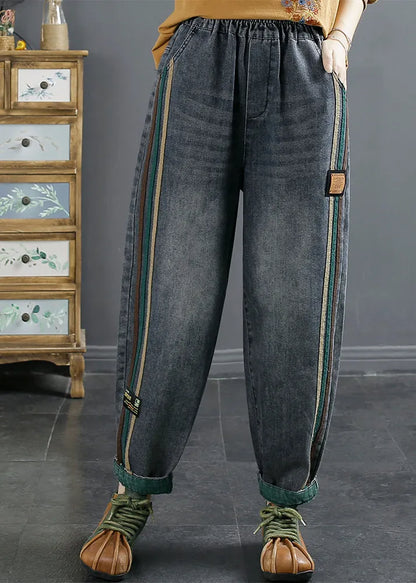 Blue Pockets Patchwork Denim Pants Fall