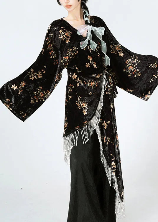 Black Asymmetrical Print Lace Up Velour Silk Dress Spring