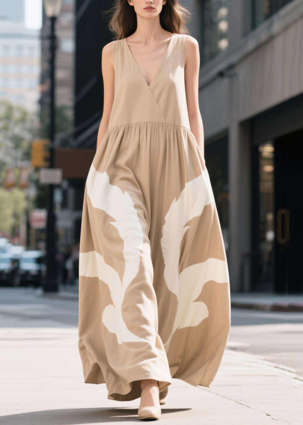 Khaki V Neck Print Cotton Ankle Dress Summer