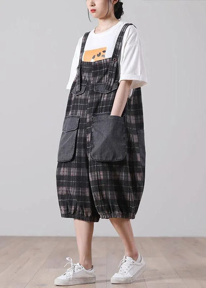 Black Plaid Jeans Jumpsuit Shorts Cotton
