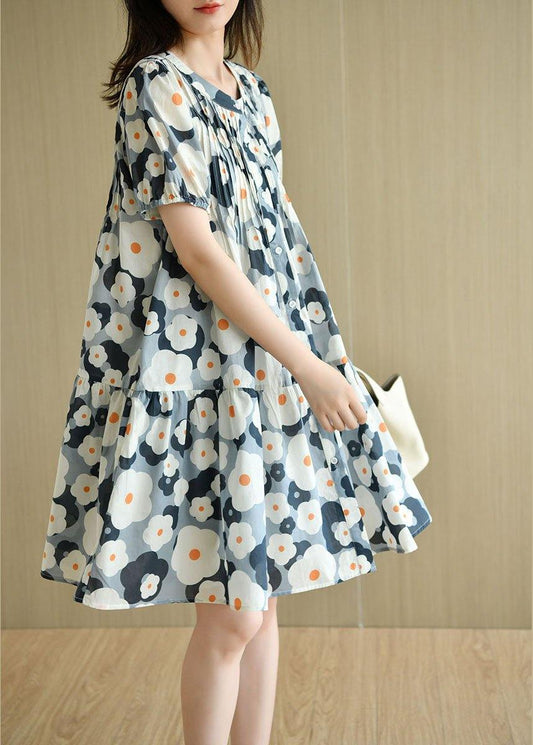 Loose Blue O-neck Button Print Summer Cotton Dresses Short Sleeve