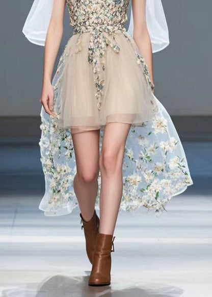 Fine Apricot Cinched Patchwork Silk Tea Dress Summer