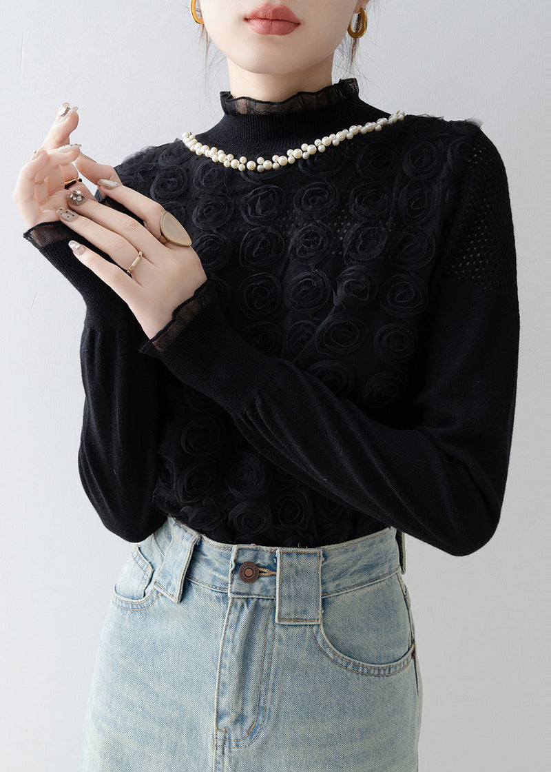 Black Decorated Knit Shirt Top Stand Collar Spring