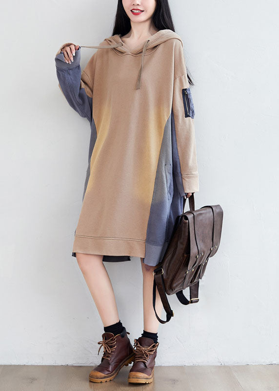 Loose Khaki Hooded Asymmetrical Pockets Patchwork Sweatshirts Dresses Spring