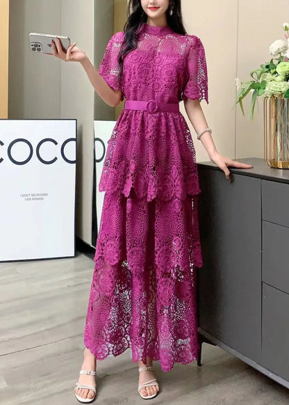 Yellow Embroidered Tie Waist Patchwork Lace Dress Summer