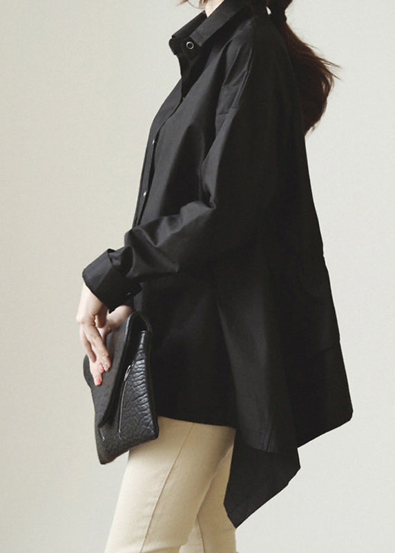 Black Peter Pan Collar Drawstring Cotton Blouse Tops Fall