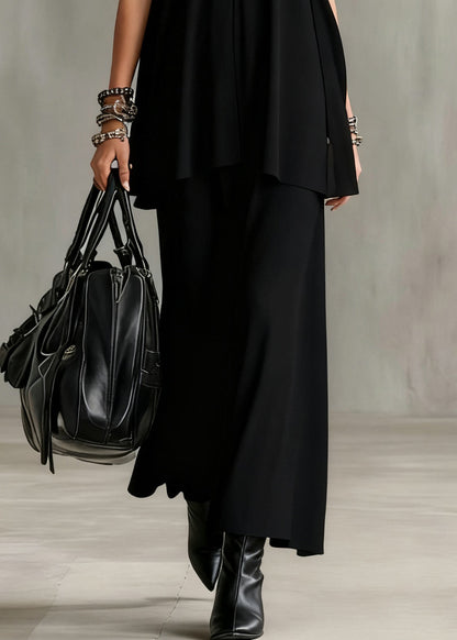 Slim Fit Black V Neck Tops and Skirts Cotton Two Pieces Set Sleeveless