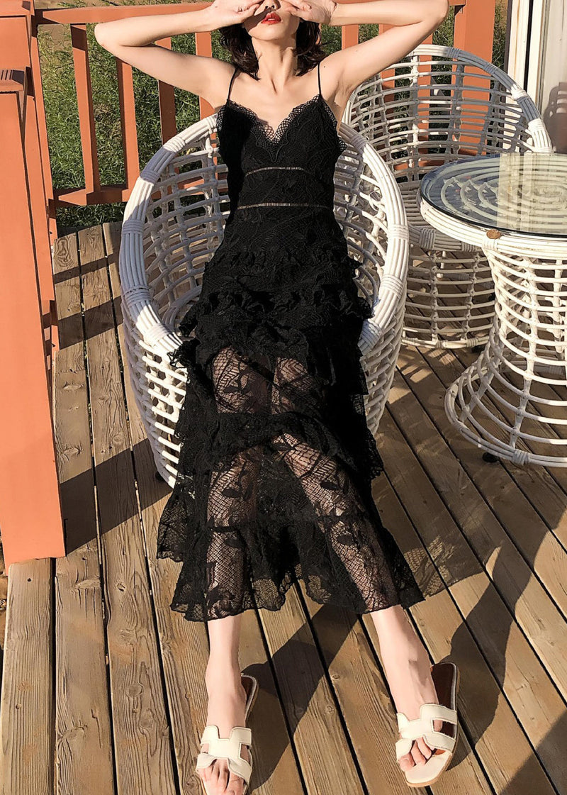 Black Backless High Waist Lace Spaghetti Strap Dress Sleeveless