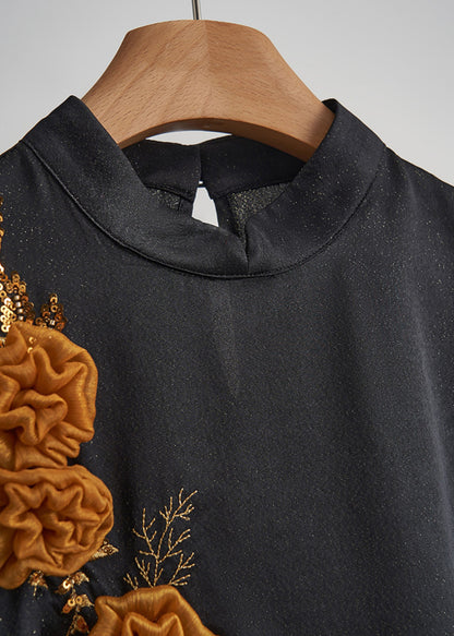 Black Embroidered Decorated Silk Vest Sleeveless