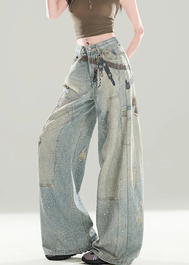 Stylish Blue Pockets Print Denim Wide Leg Pants Fall