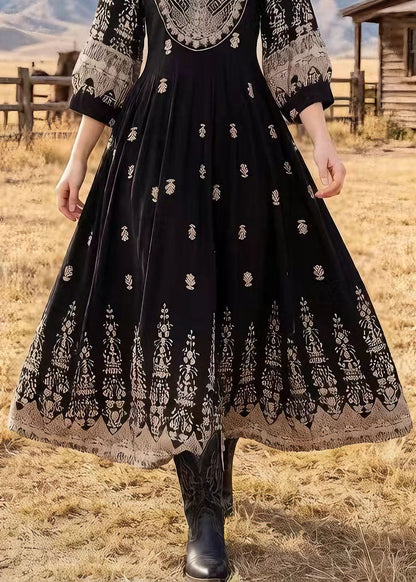 Black O Neck Print Cotton Dresses Bracelet Sleeve