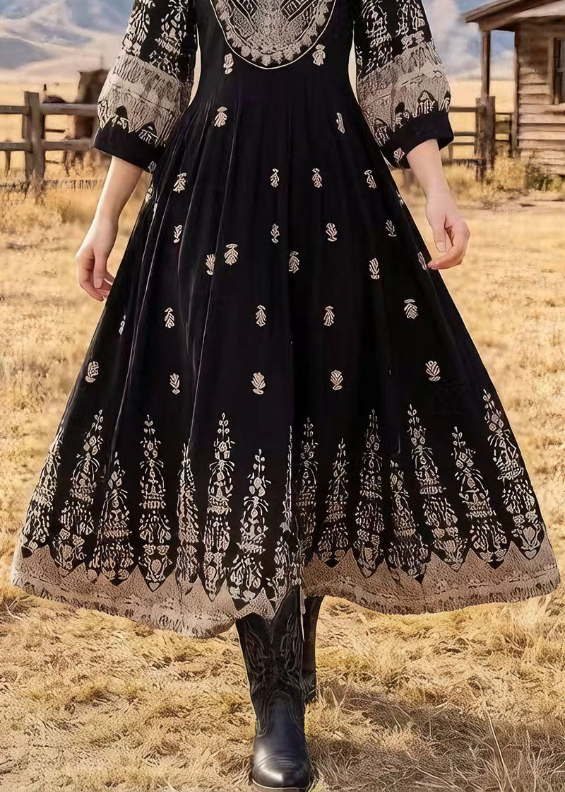 Black O Neck Print Cotton Dresses Bracelet Sleeve