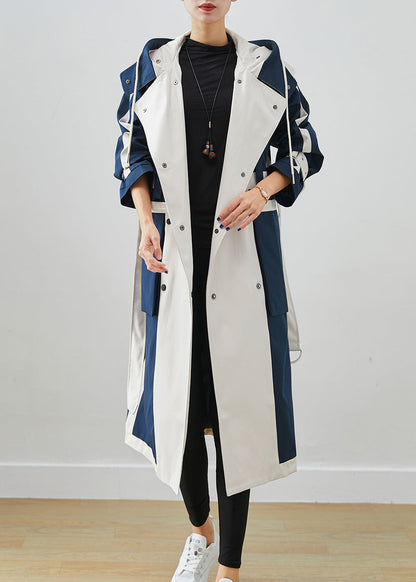Navy Oversized Patchwork Original Design Cotton Trench Coats Fall